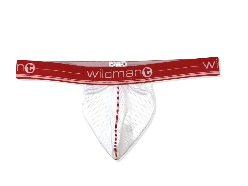 White mesh strapless pouch underwear with a red elastic waistband featuring the Wildmant logo.