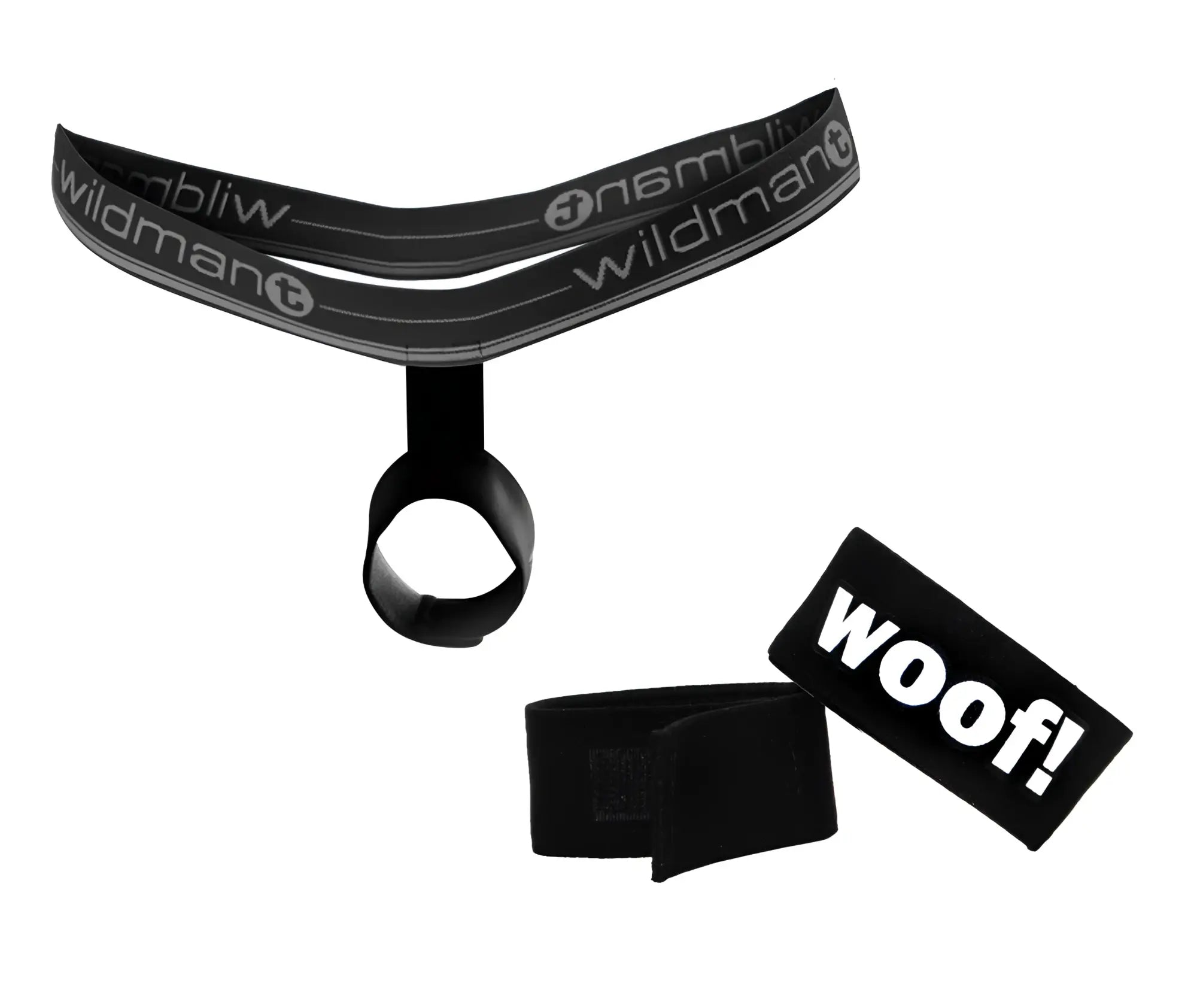 WildmanT black ball lifter harness and a separate black hook-and-loop ring with white "woof!" text.