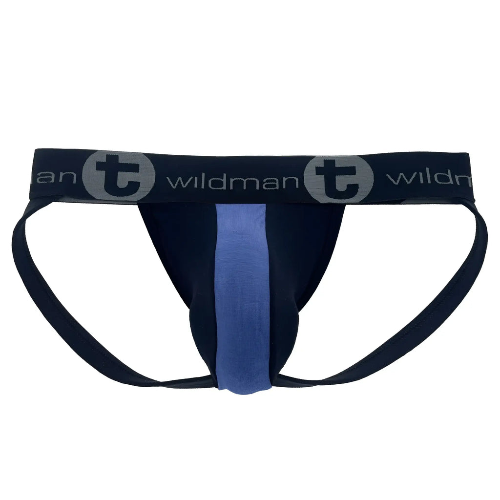 Black and royal blue jockstrap with a central pouch stripe and branded elastic waistband.