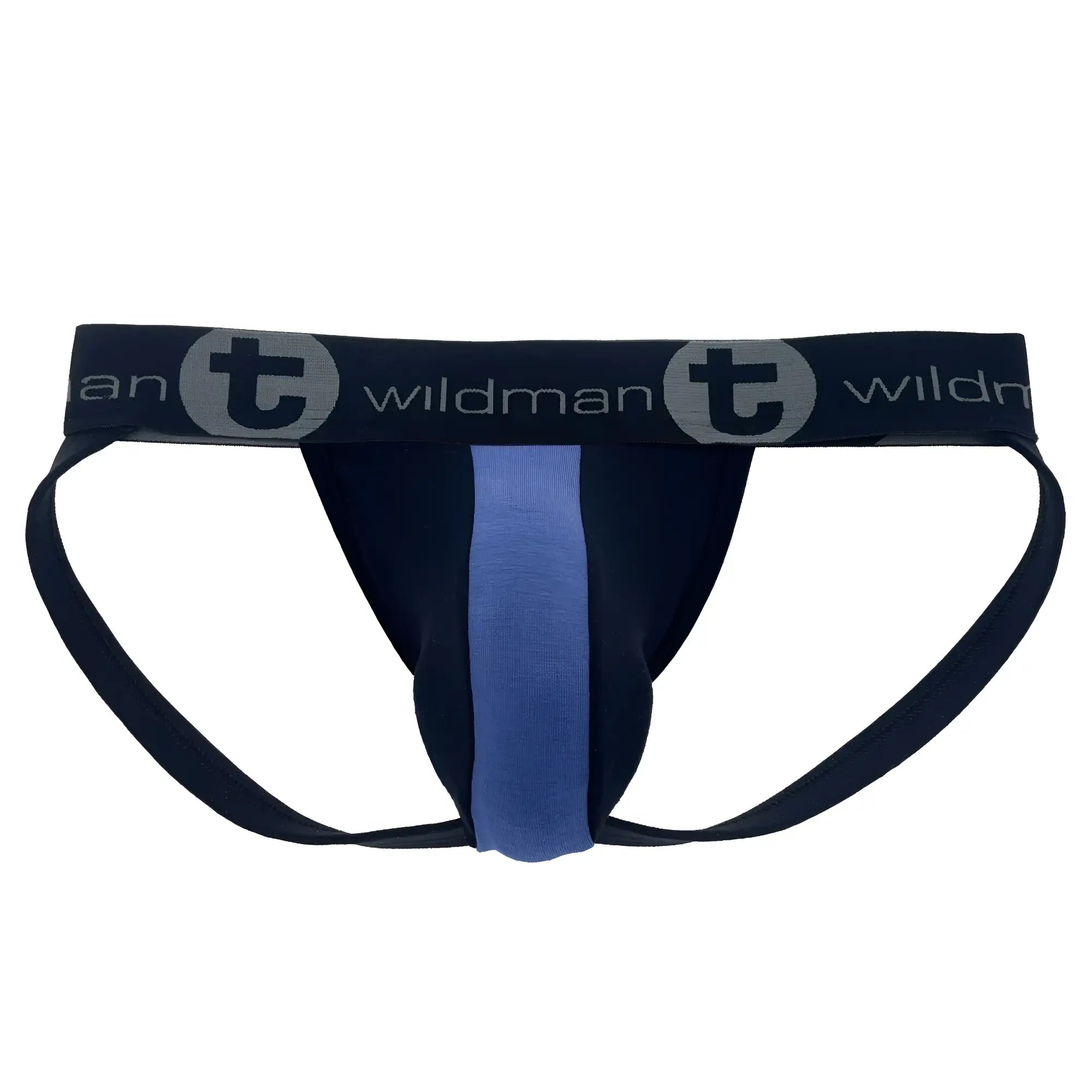 Black and royal blue jockstrap with a central pouch stripe and branded elastic waistband.