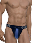 WildmanT black jockstrap with a royal blue center pouch stripe and branded elastic waistband worn by a muscular man.