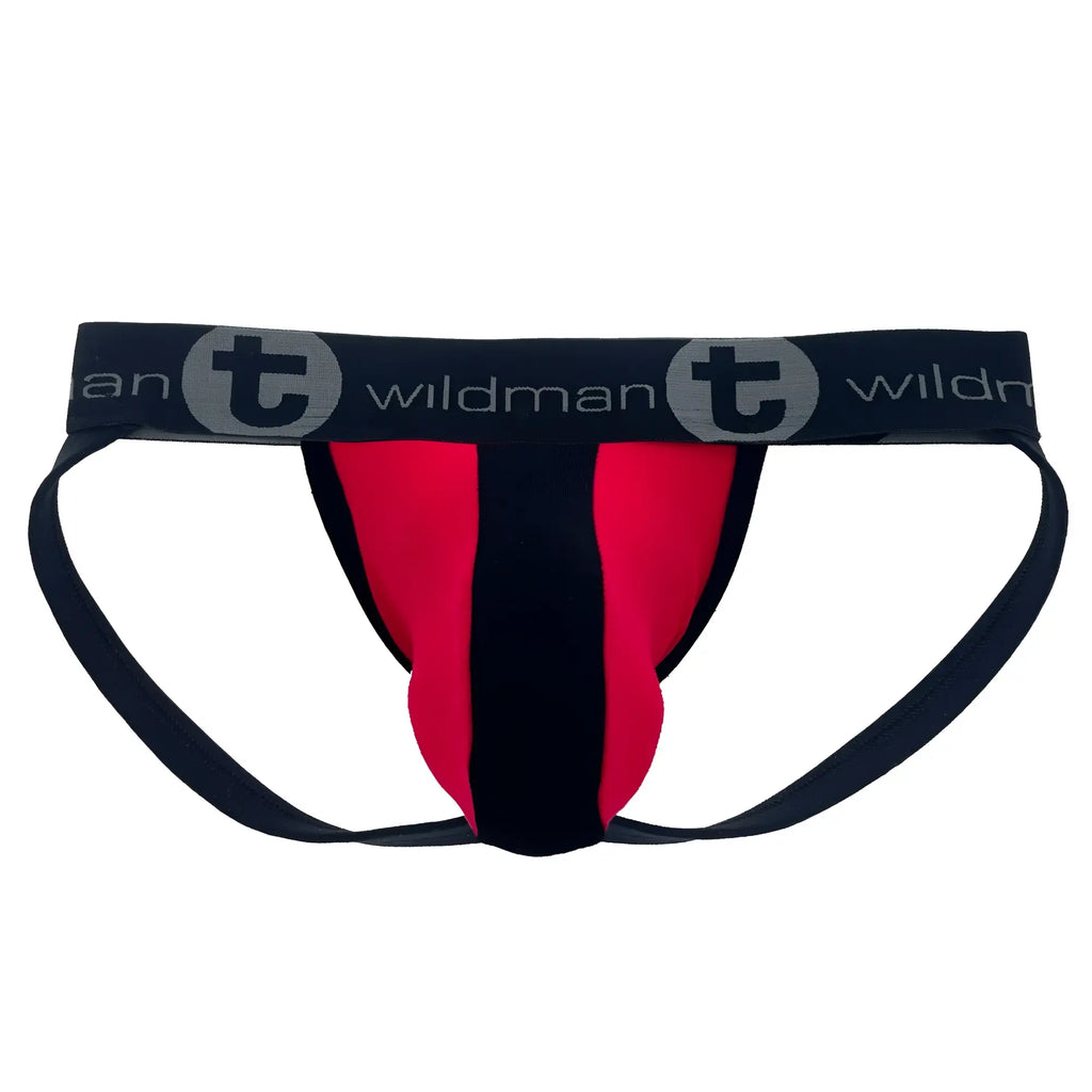 Red and black WildmanT cotton jockstrap with a black logo waistband and a striped pouch design.