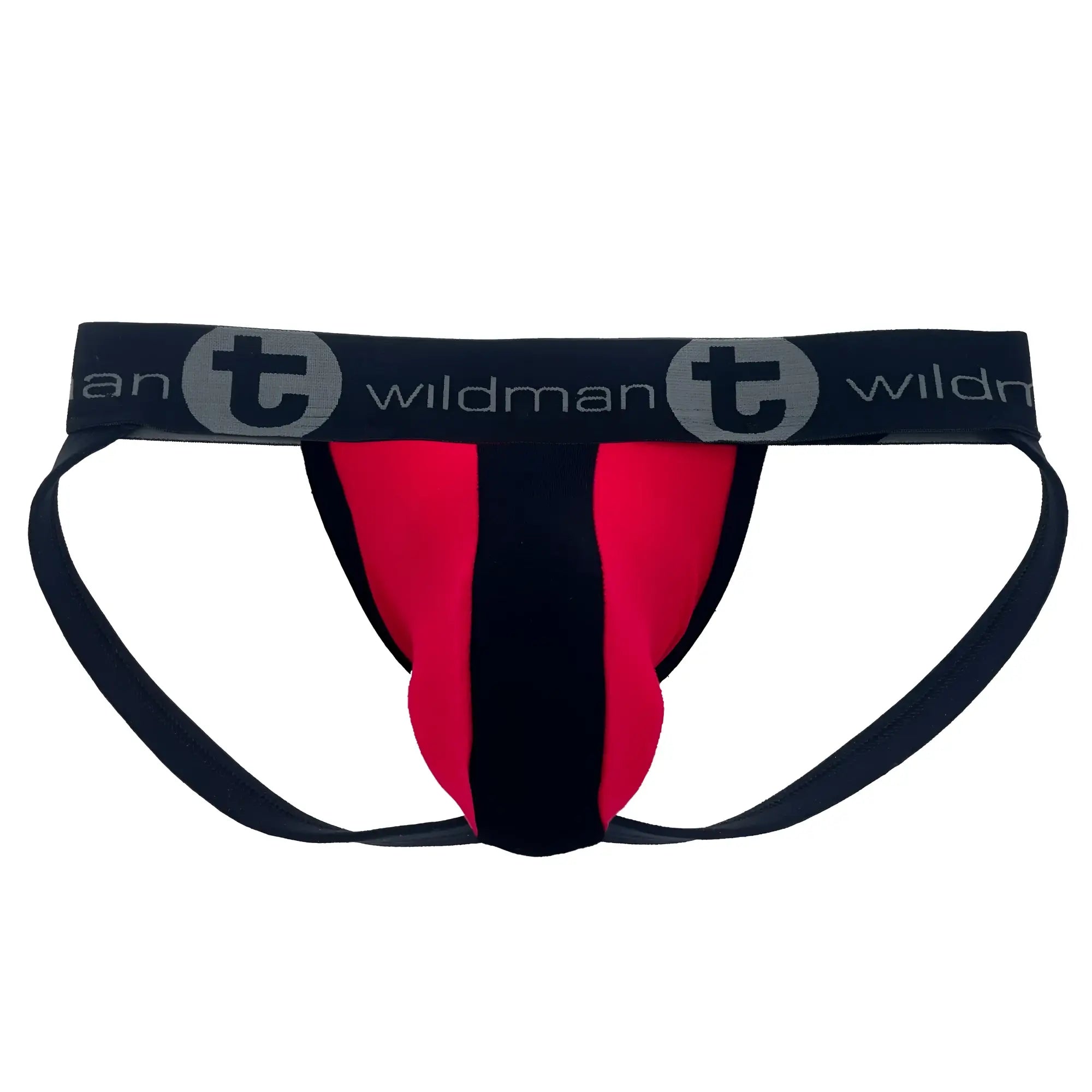 Red and black WildmanT cotton jockstrap with a black logo waistband and a striped pouch design.