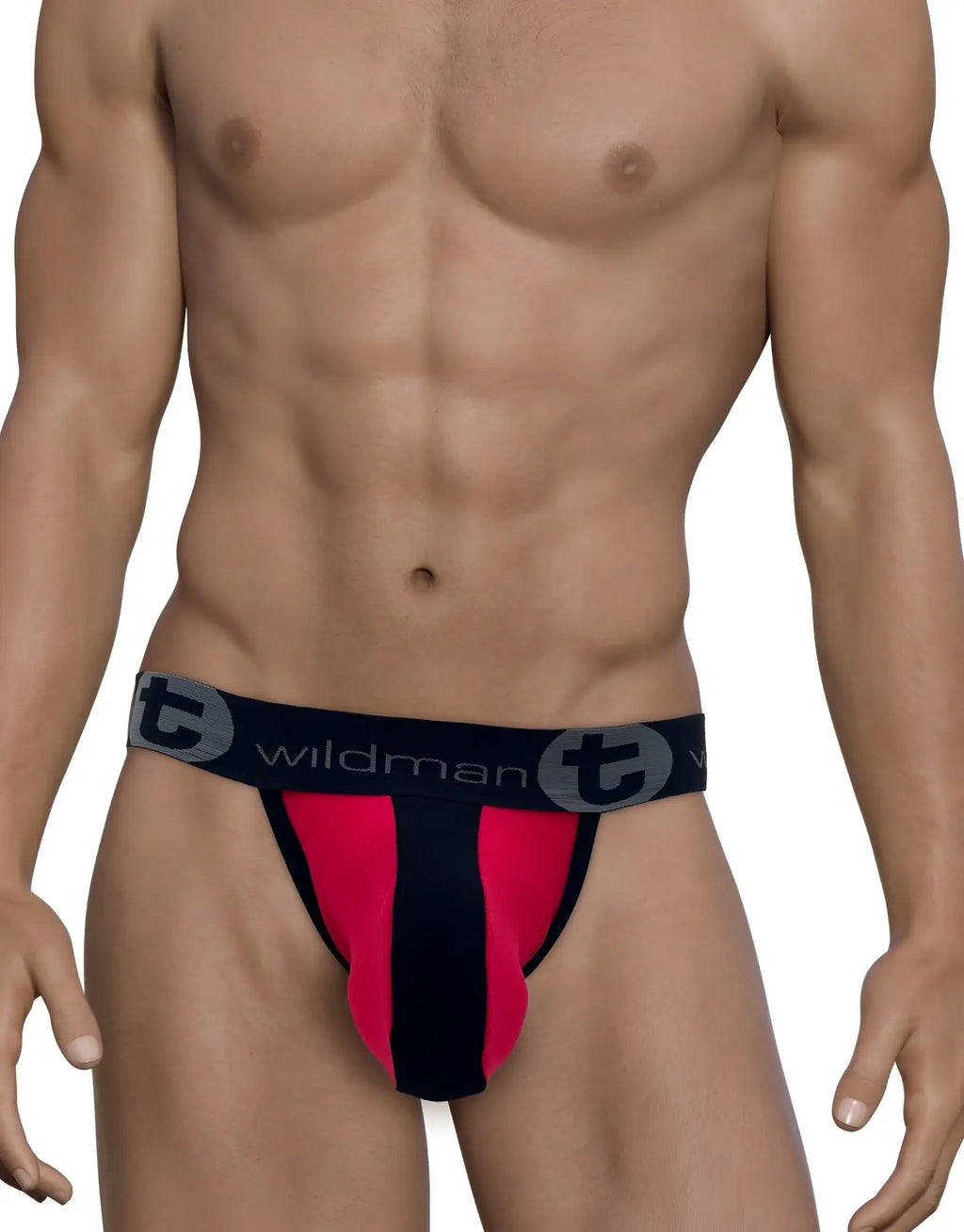 WildmanT jockstrap with a black and red striped pouch and a black waistband featuring the brand logo.