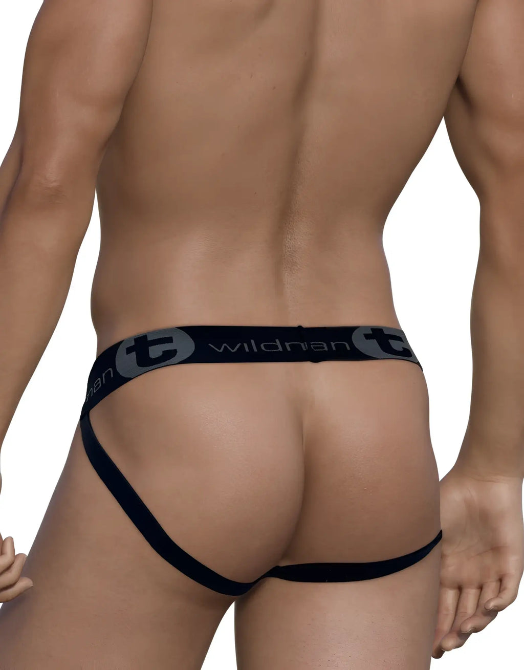 Rear view of a WildmanT black jockstrap with a branded elastic waistband and slim leg straps on a fit male torso.