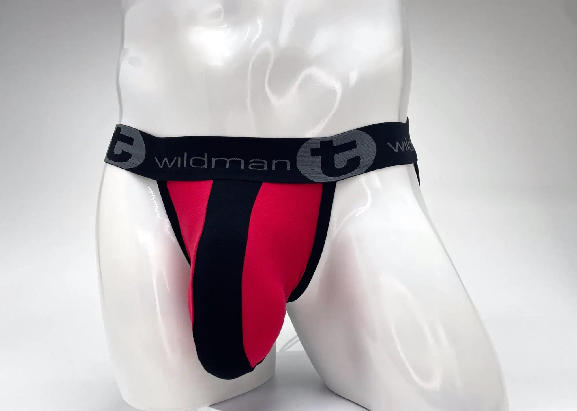 WildmanT red and black striped jockstrap with a large pouch and branded black elastic waistband on a mannequin.