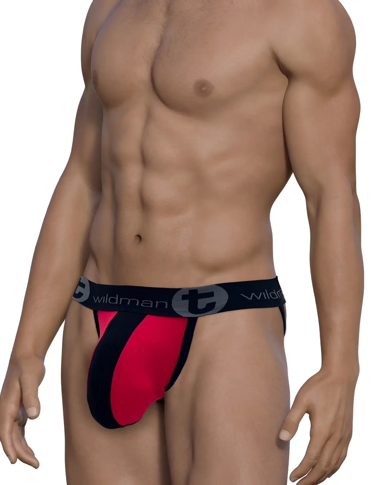WildmanT red and black striped jockstrap with a large contour pouch and branded elastic waistband on a fit male torso.