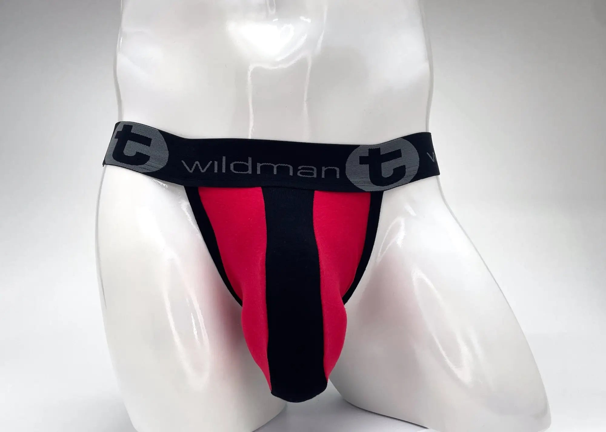 WildmanT red and black striped jockstrap with a prominent pouch on a white mannequin torso.