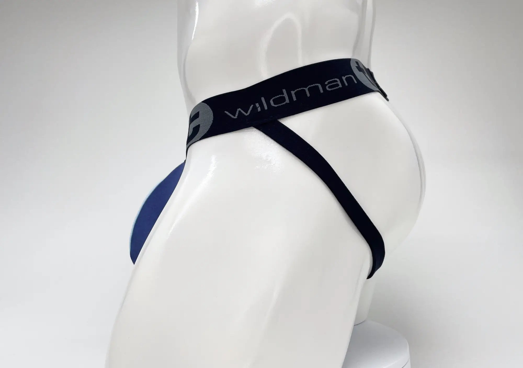 WildmanT royal and baby blue jockstrap with a black branded elastic waistband on a white mannequin torso.