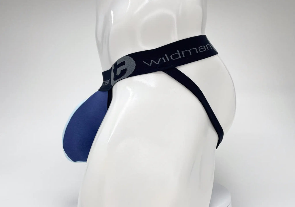 Royal and baby blue cotton jockstrap with a large pouch and a black waistband featuring WildmanT branding.