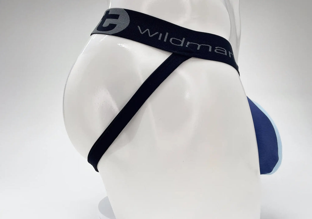 Royal and baby blue jockstrap with a black logo waistband on a white mannequin.