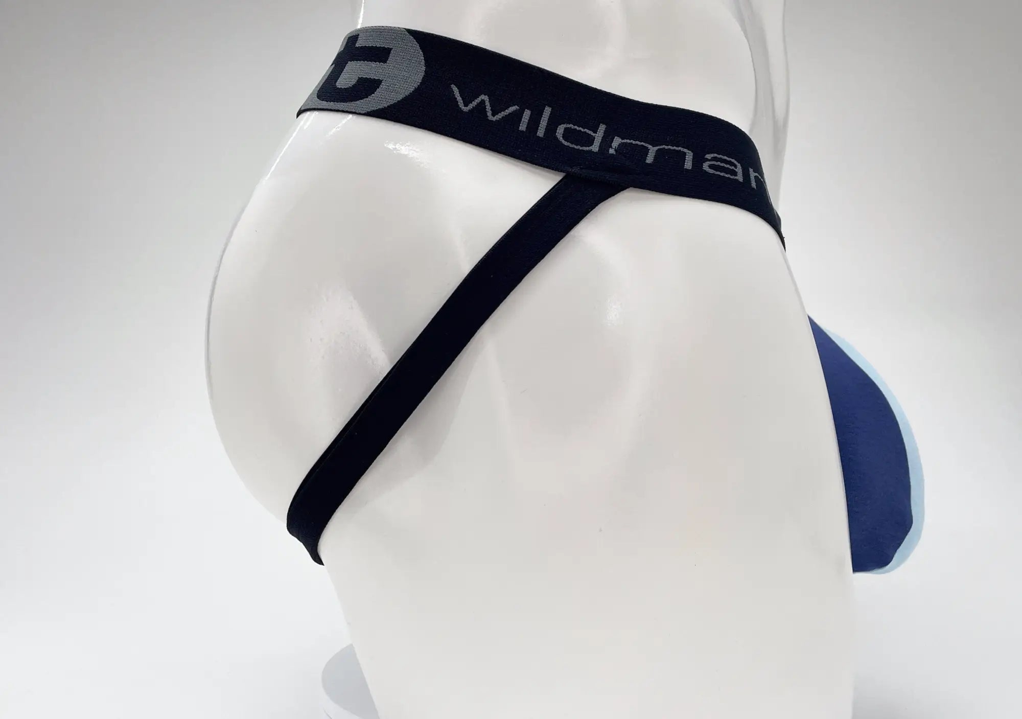 Royal and baby blue jockstrap with a black logo waistband on a white mannequin.