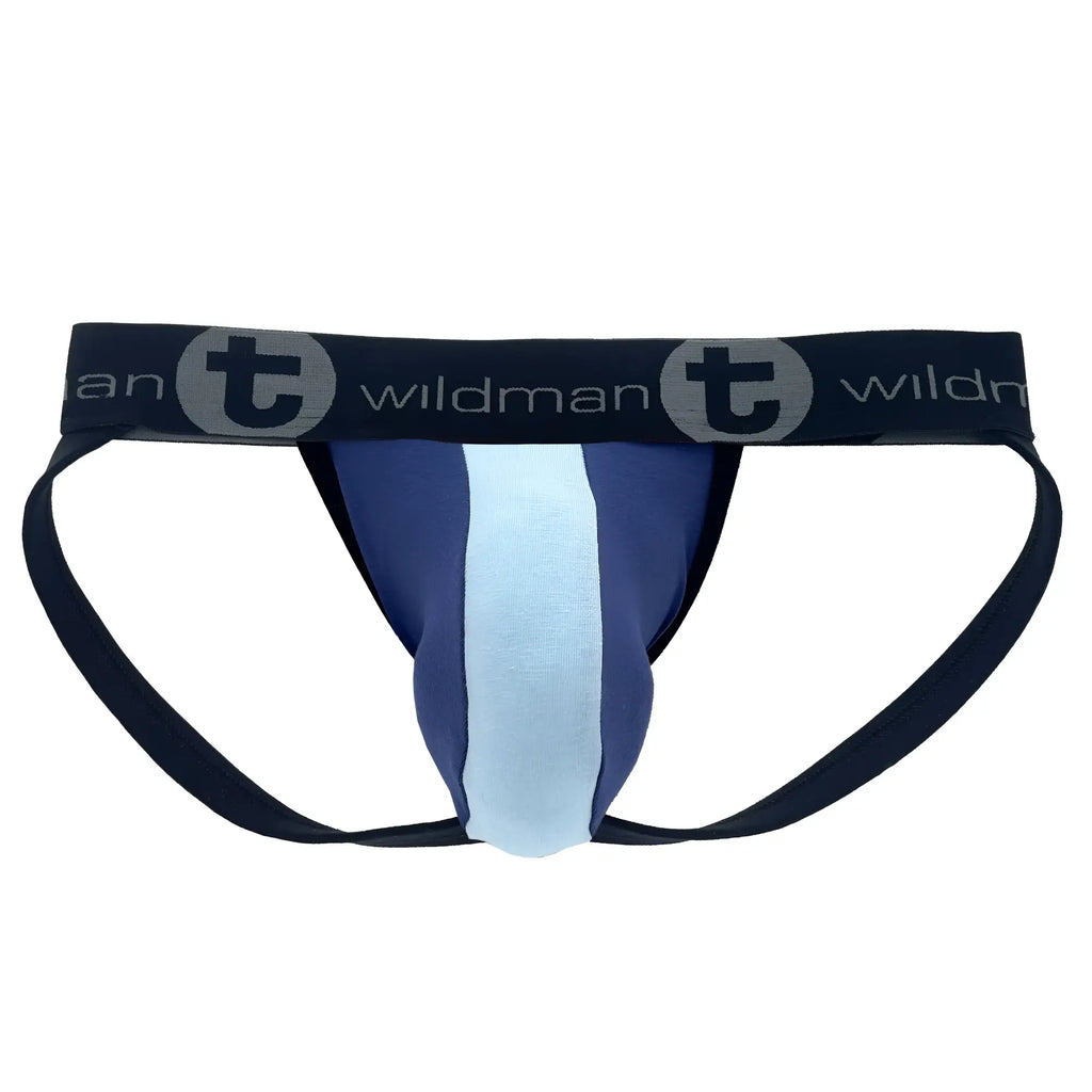 Royal blue and baby blue cotton jockstrap with a central stripe and black branded elastic waistband.