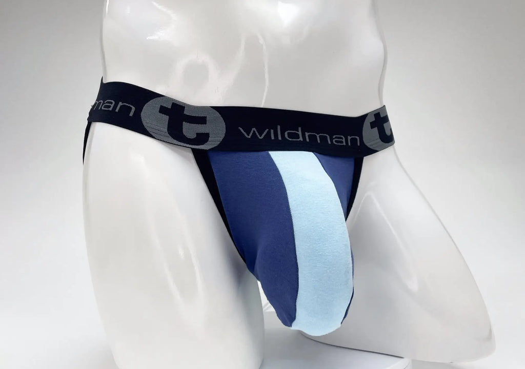 WildmanT jockstrap in royal and baby blue with a large front pouch and black logo waistband on a mannequin torso.