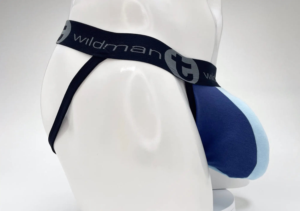 WildmanT jockstrap on a mannequin with a royal and baby blue color-blocked pouch and branded black waistband.