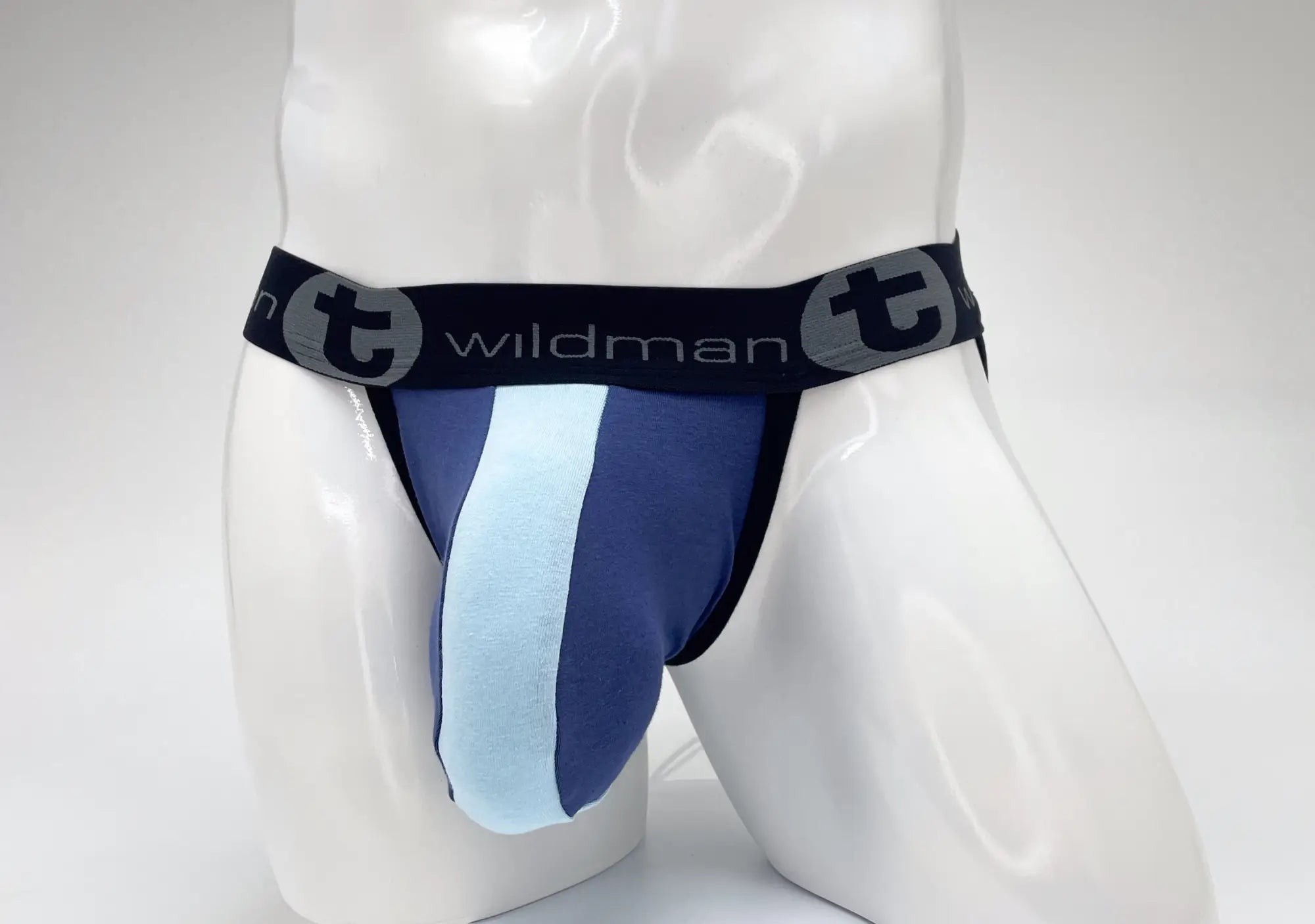 Royal blue and baby blue striped cotton jockstrap on a mannequin, featuring a black branded waistband with a logo.
