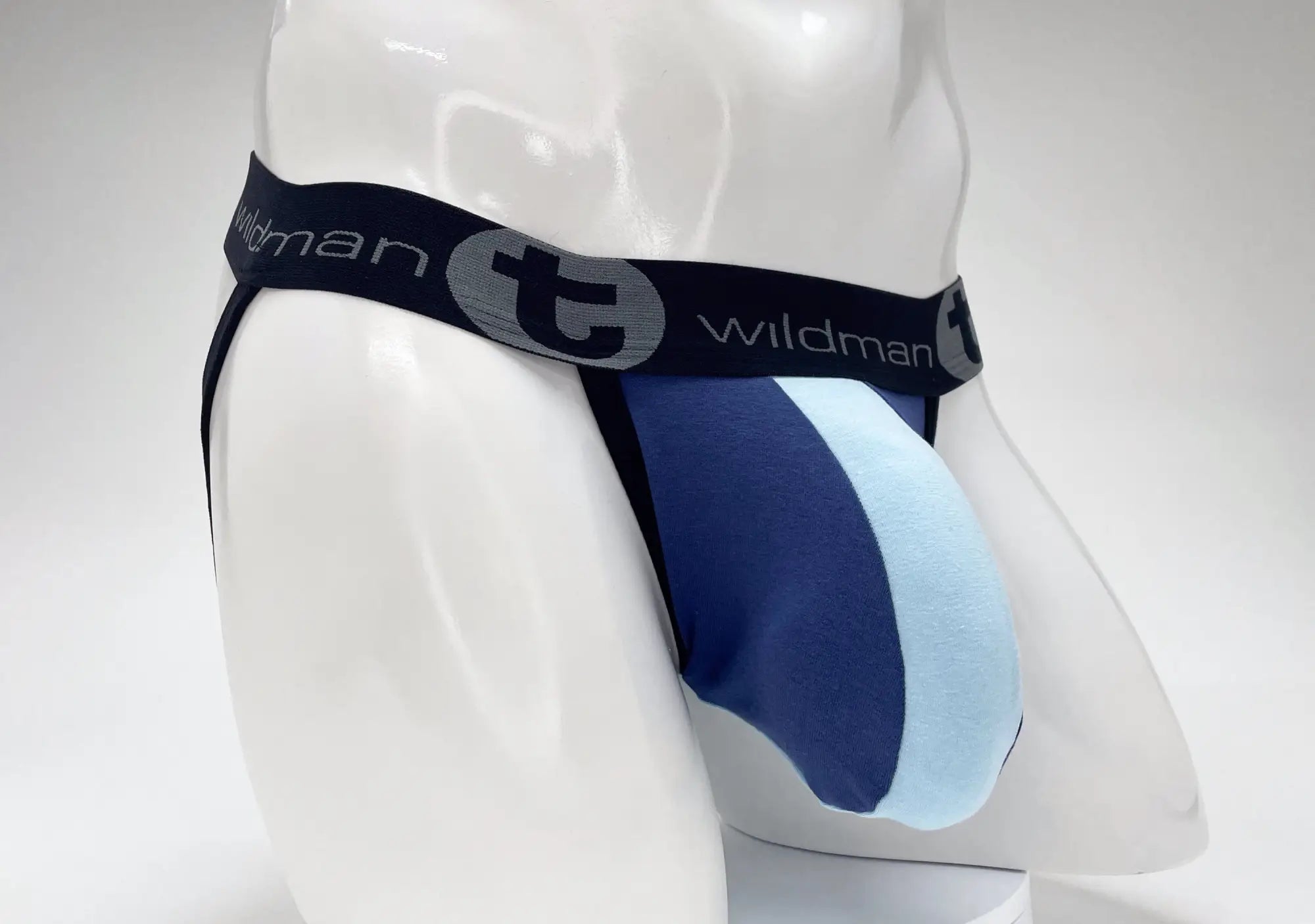 Royal and baby blue striped cotton jockstrap with a large front pouch and black elastic waistband with WildmanT logo.