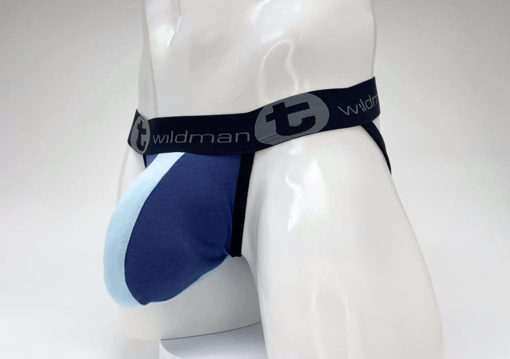 WildmanT jockstrap in royal and baby blue with a contoured Big Boy pouch and branded black waistband on a mannequin.