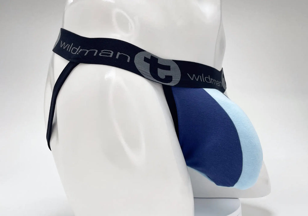 WildmanT jockstrap with a royal and baby blue color-blocked pouch and a black branded waistband on a white mannequin.