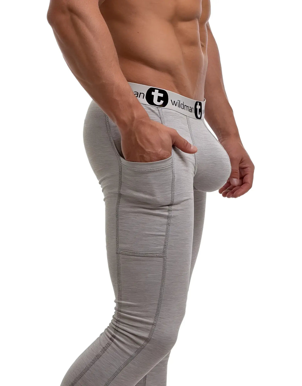 Grey WildmanT long johns featuring a side pocket, supportive front pouch, and branded elastic waistband.
