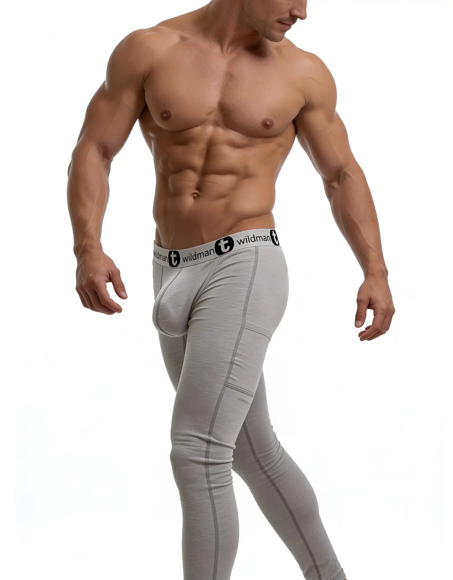 Grey WildmanT cotton long johns with a prominent Big Boy pouch and branded elastic waistband on a muscular man.