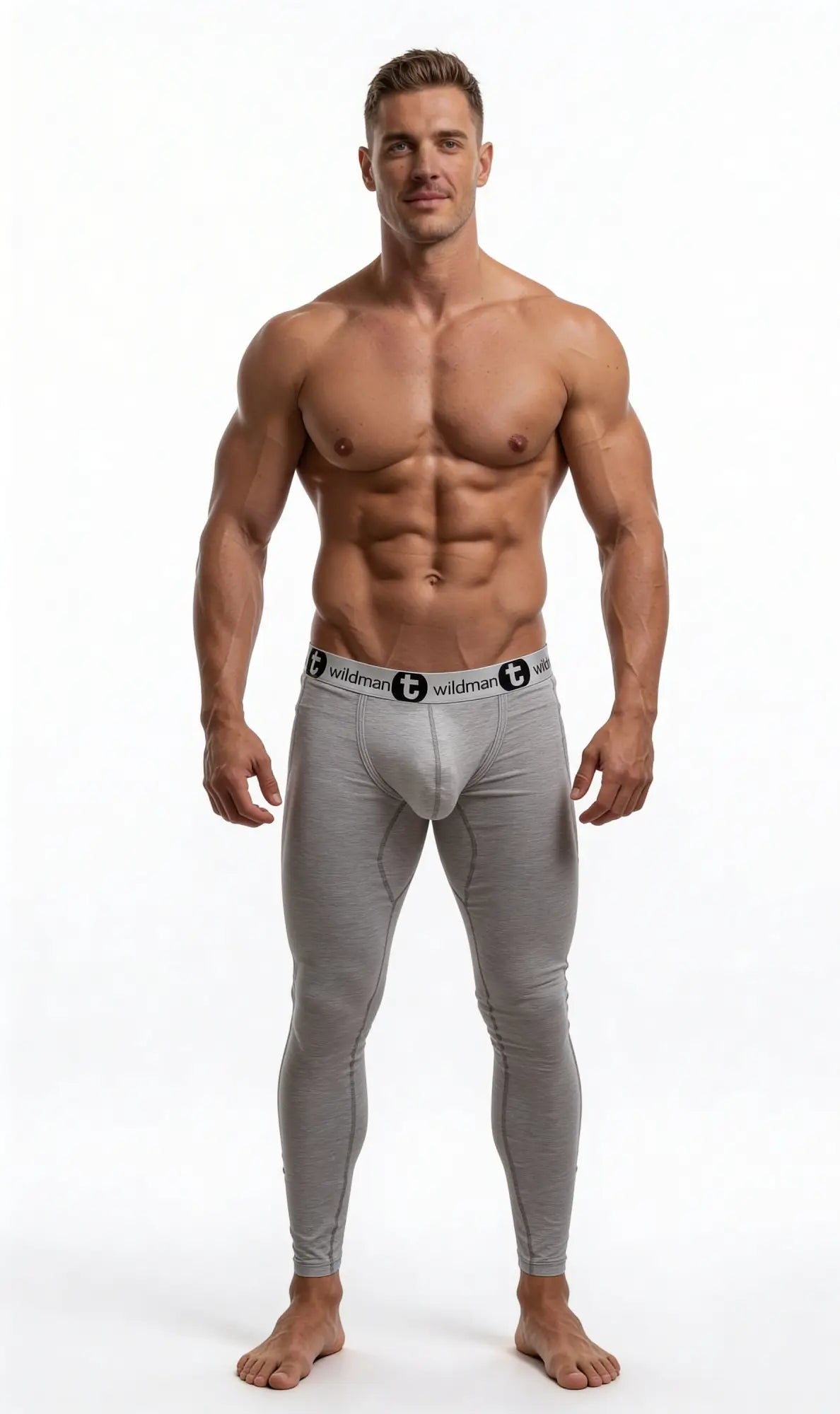 Muscular man wearing grey cotton long johns with a prominent Big Boy pouch and branded elastic waistband.