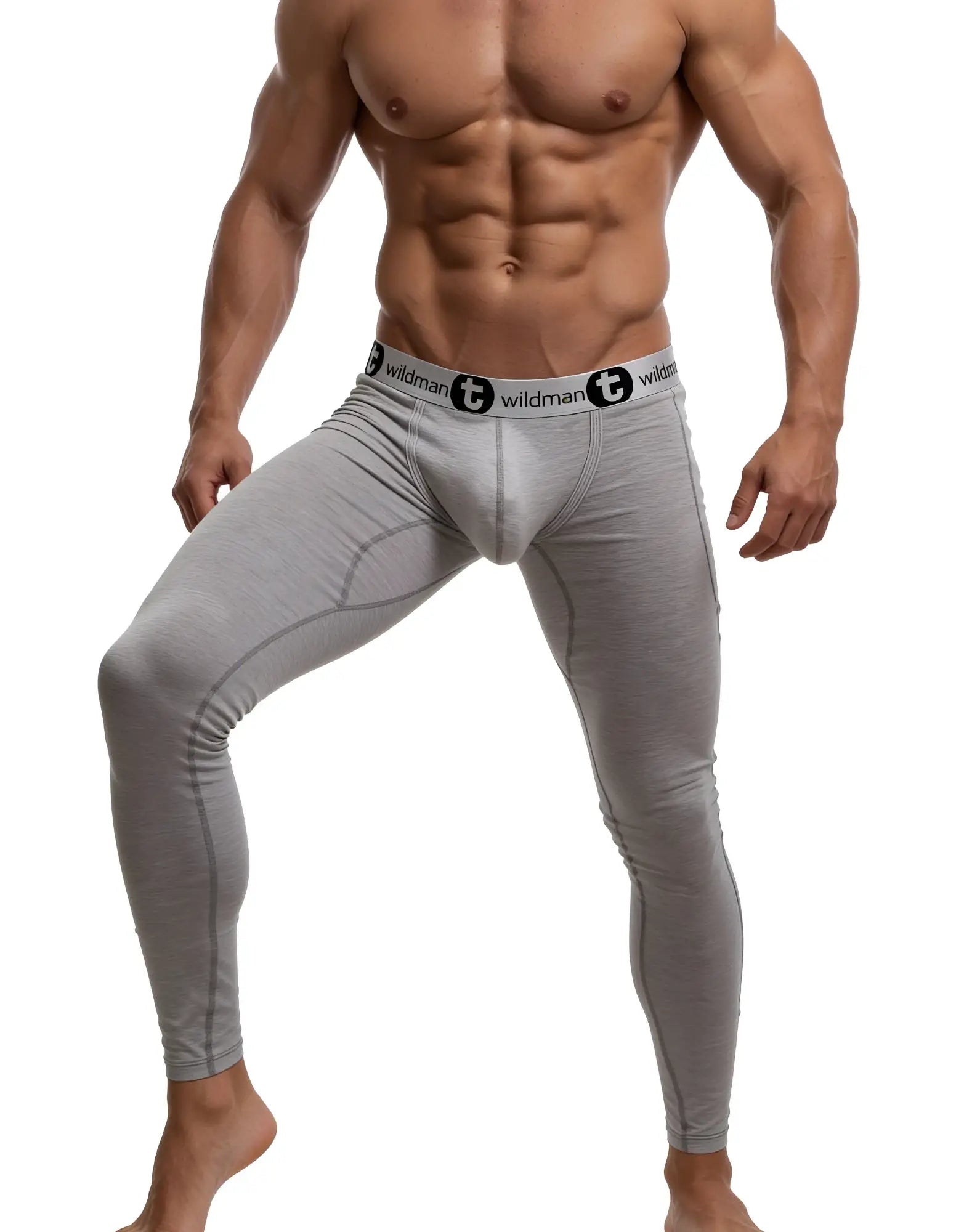 Heather grey WildmanT long johns featuring a contour pouch and branded elastic waistband on a muscular model.