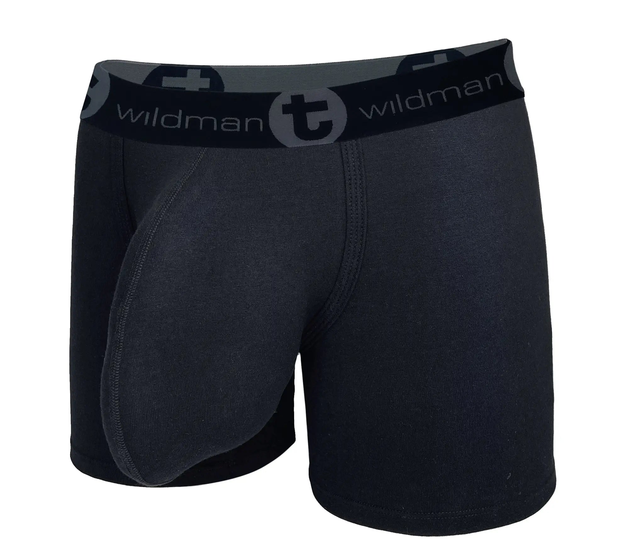 Black cotton boxer briefs with a prominent front pouch and a branded elastic waistband reading "wildman T".