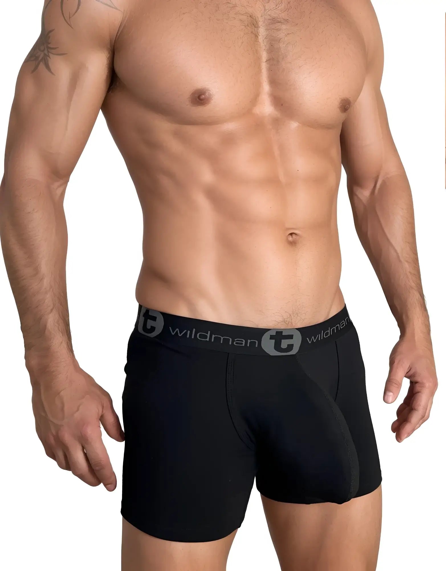 WildmanT black cotton boxer briefs with a 5-inch inseam and branded elastic waistband, worn by a muscular man.