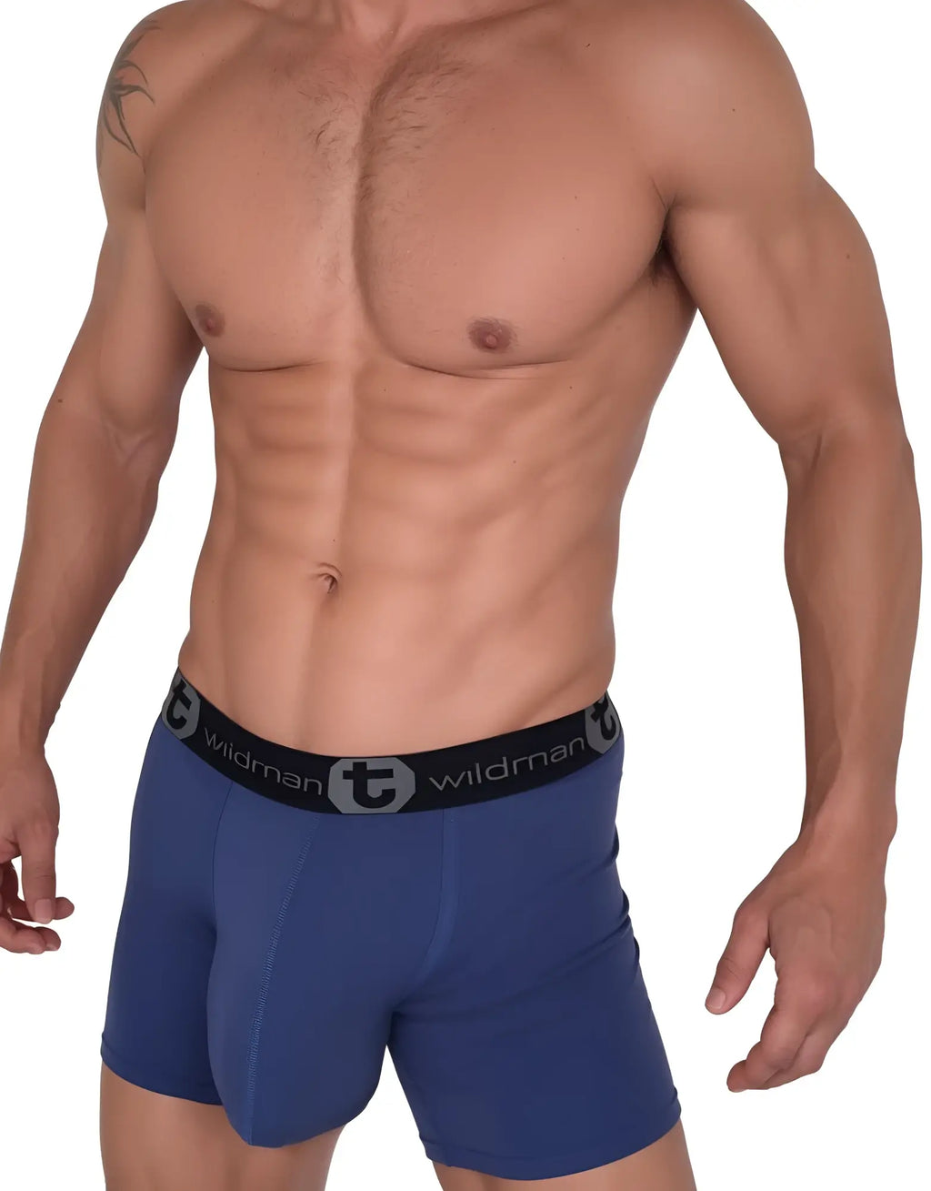 Dark blue WildmanT boxer briefs with a 5-inch inseam and a branded black waistband on a muscular model.