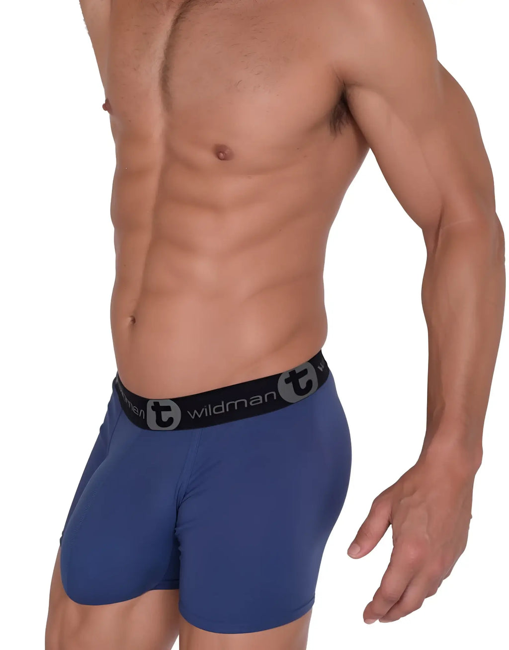 Dark blue boxer briefs with a black branded elastic waistband on a muscular model, side view.