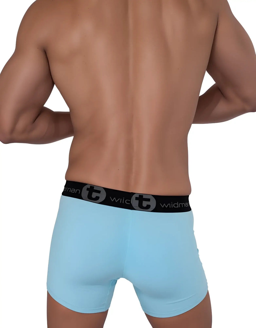 Back view of a muscular man wearing light blue WildmanT boxer briefs with a black branded elastic waistband.