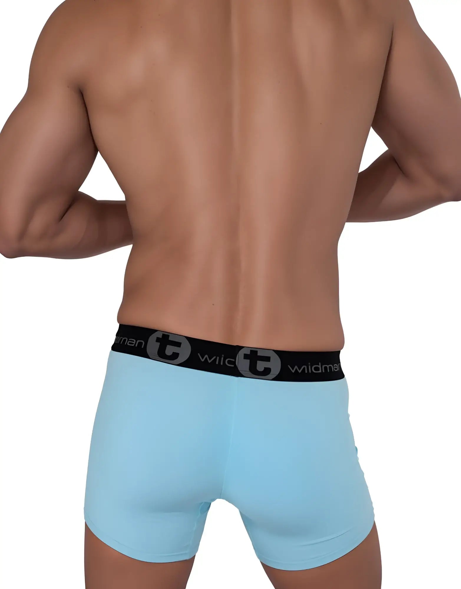 Back view of a muscular man wearing light blue WildmanT boxer briefs with a black branded elastic waistband.