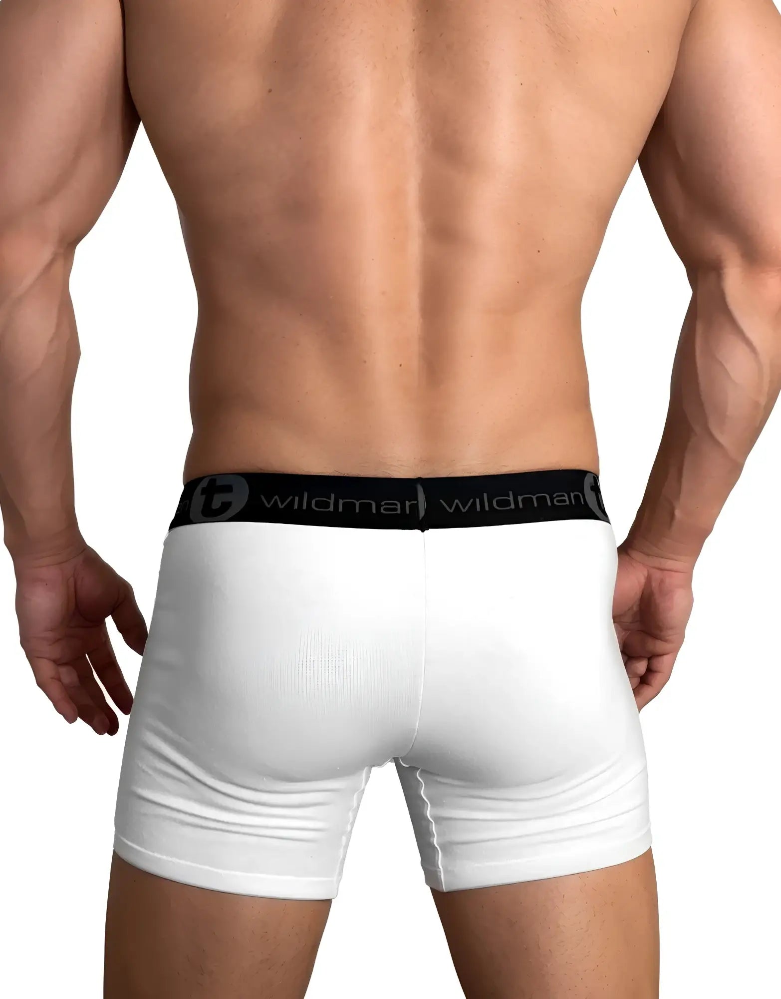 Rear view of white WildmanT boxer briefs with a black elastic waistband featuring the brand logo on a muscular man.