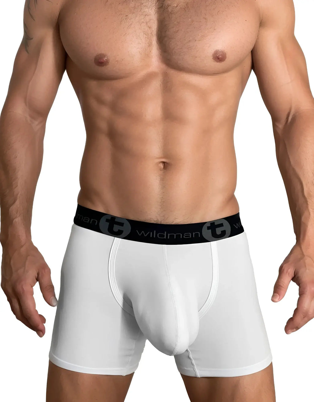 White WildmanT cotton boxer briefs with a 5-inch inseam and a black branded waistband on a muscular model.