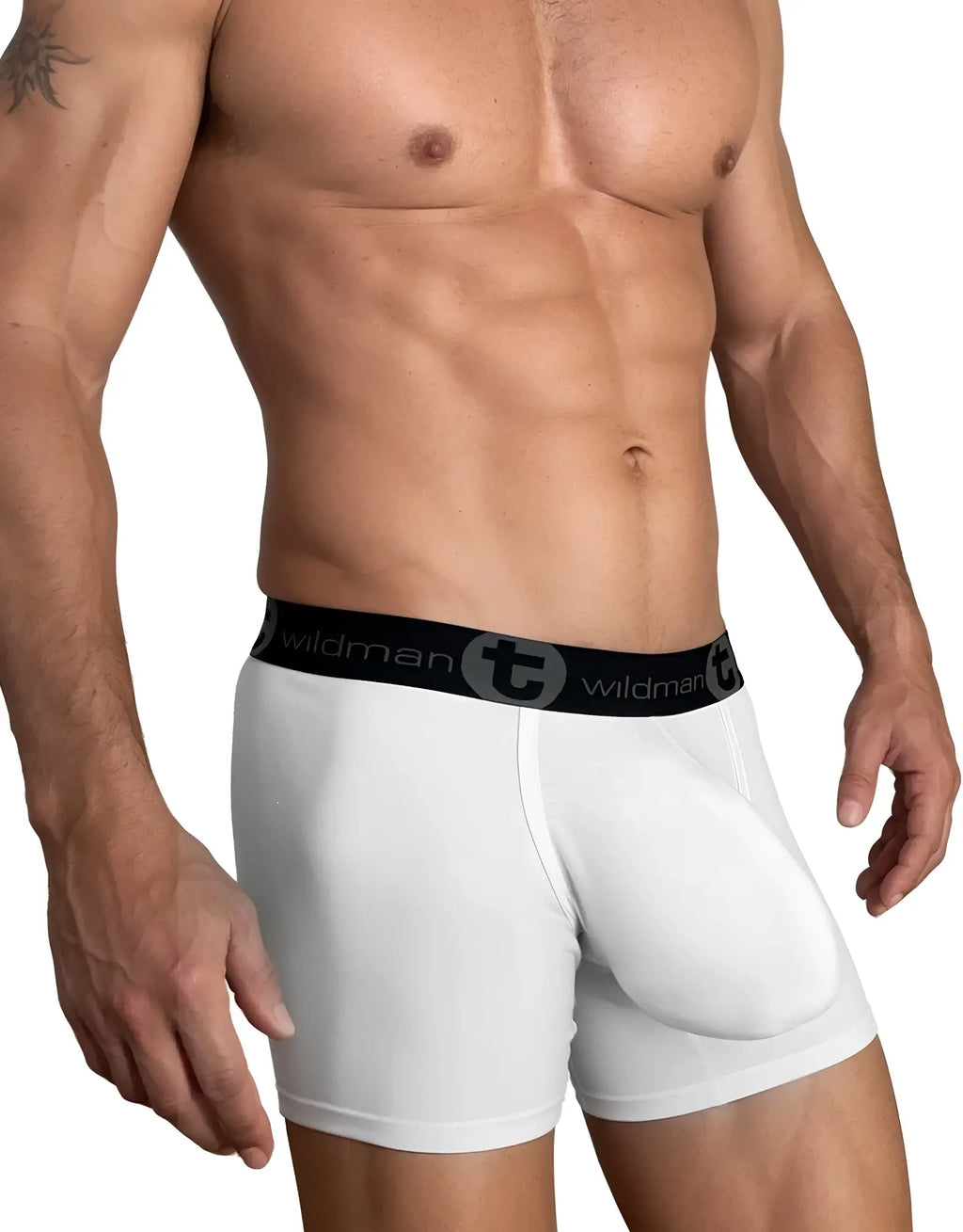 White cotton boxer briefs with a black branded waistband and a contoured pouch on a muscular man.