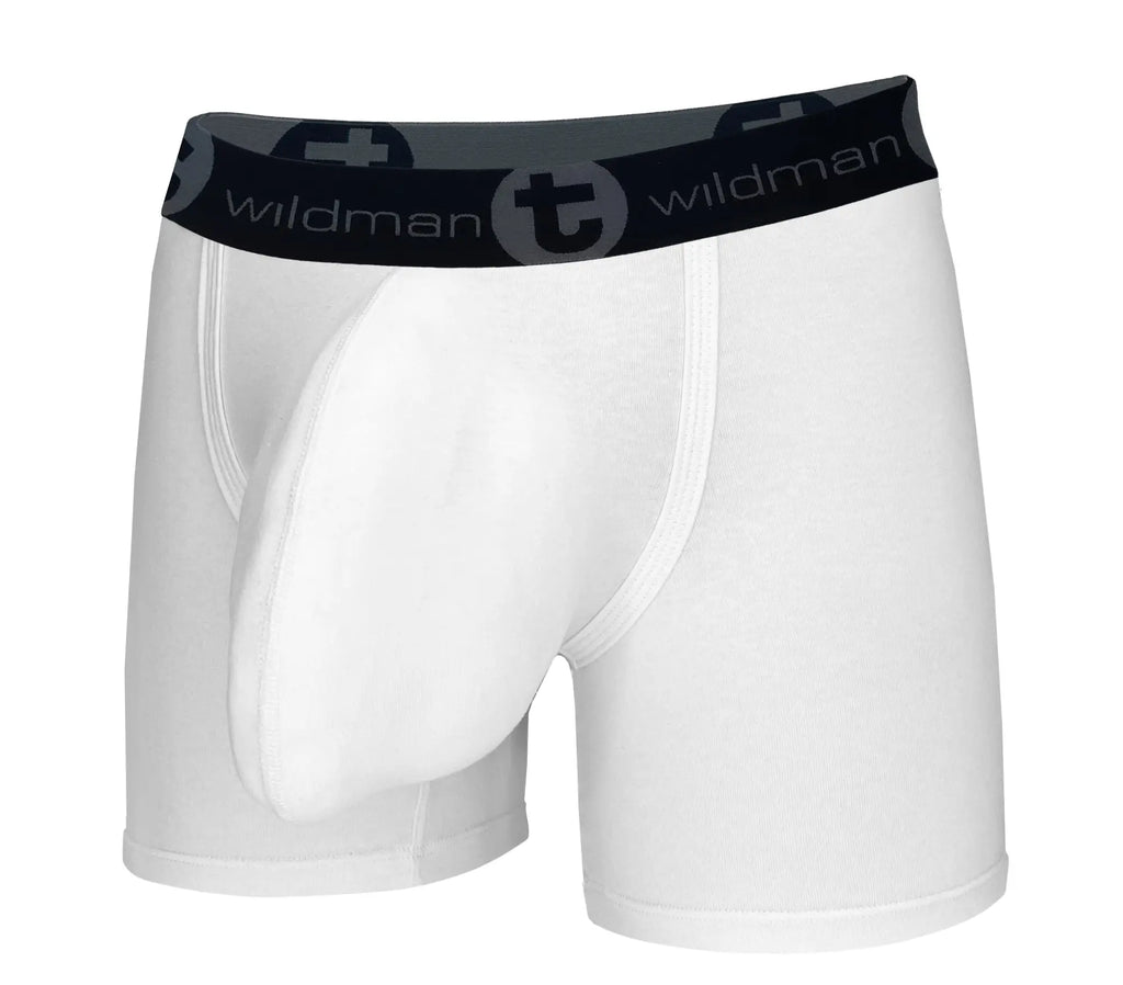 White WildmanT boxer briefs with a 5-inch inseam, featuring a prominent, contoured pouch and black branded waistband.