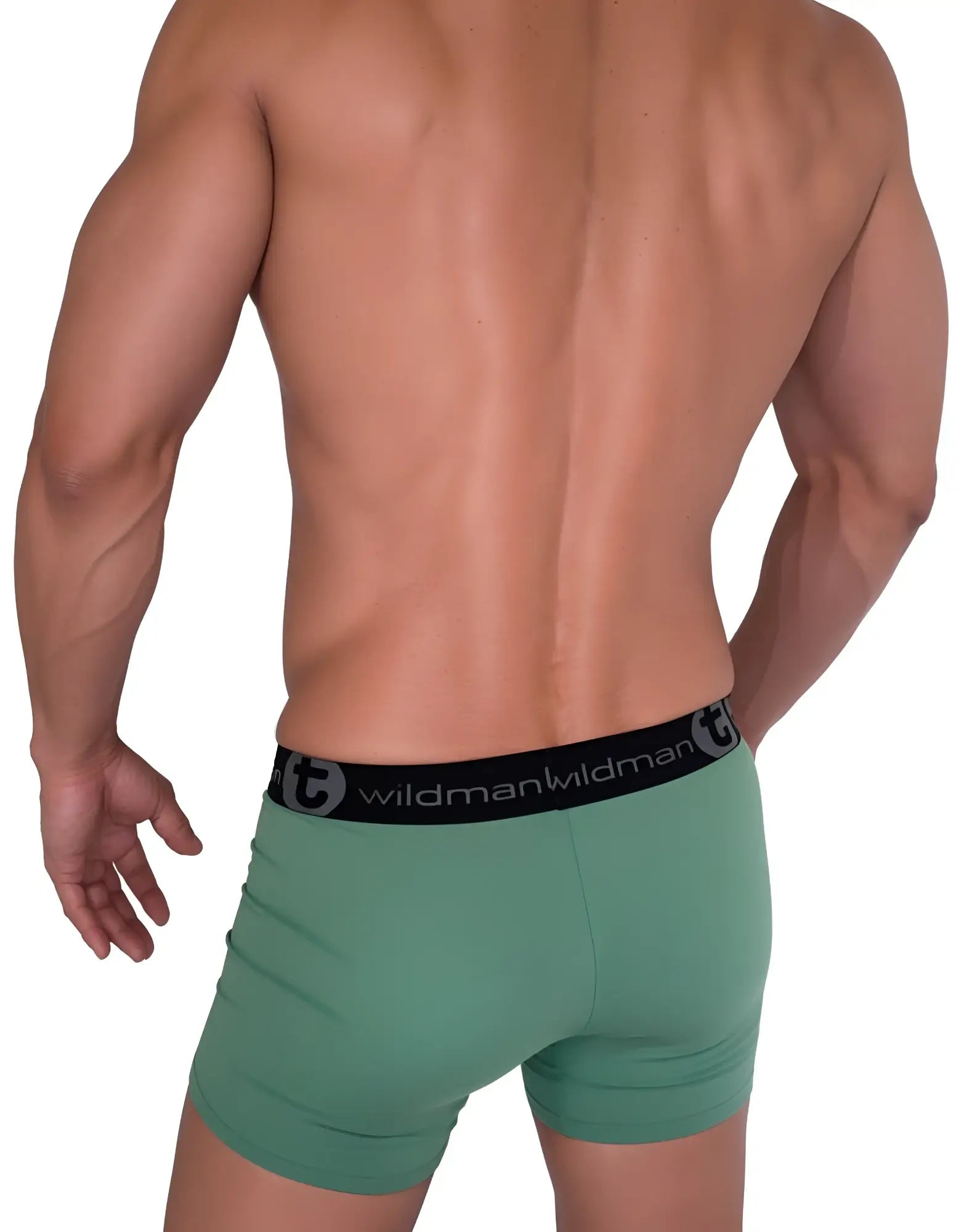 Green 5-inch inseam boxer briefs with a black elastic waistband featuring the WildmanT logo.