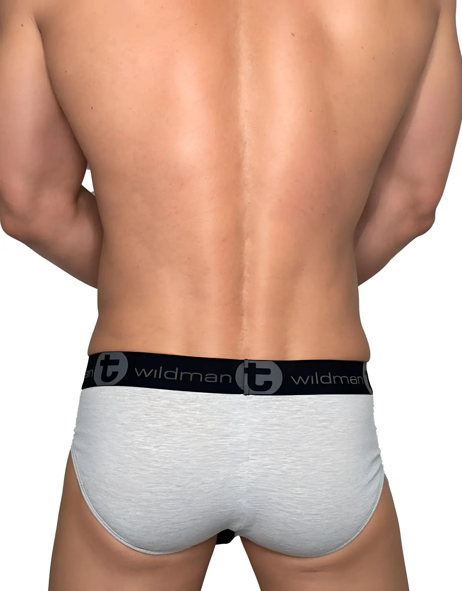 Back view of a man wearing gray cotton briefs with a black elastic waistband featuring the WildmanT logo.