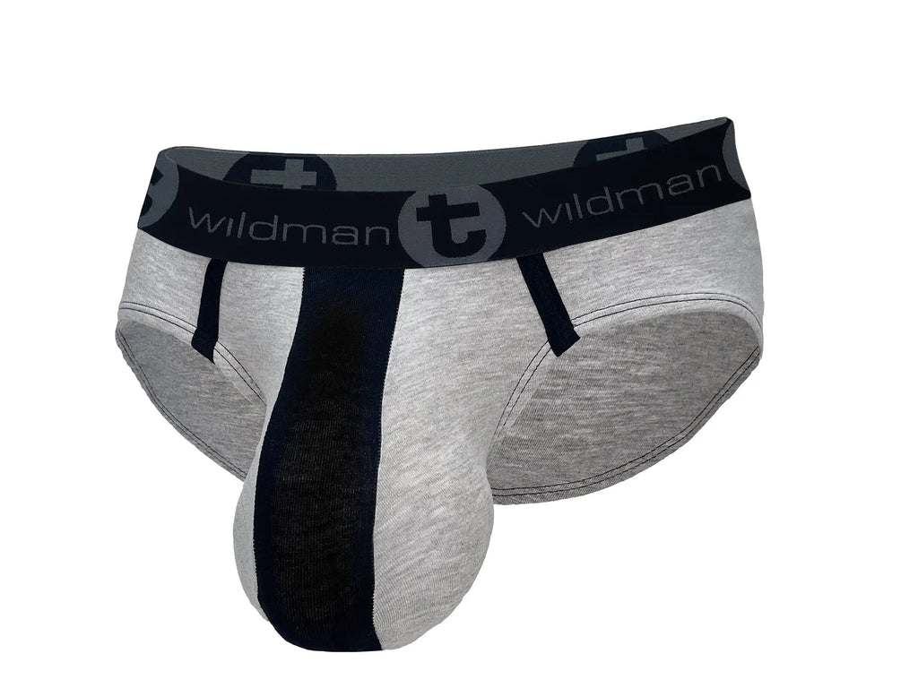WildmanT grey and black cotton brief with a contoured pouch, black contrast trim, and a branded logo waistband.