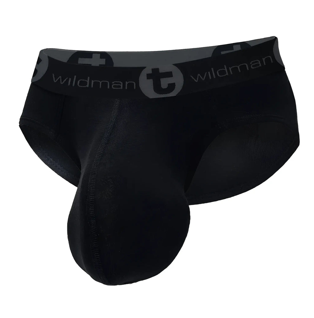 Black cotton briefs with a contoured pouch and a branded elastic waistband reading "WildmanT".
