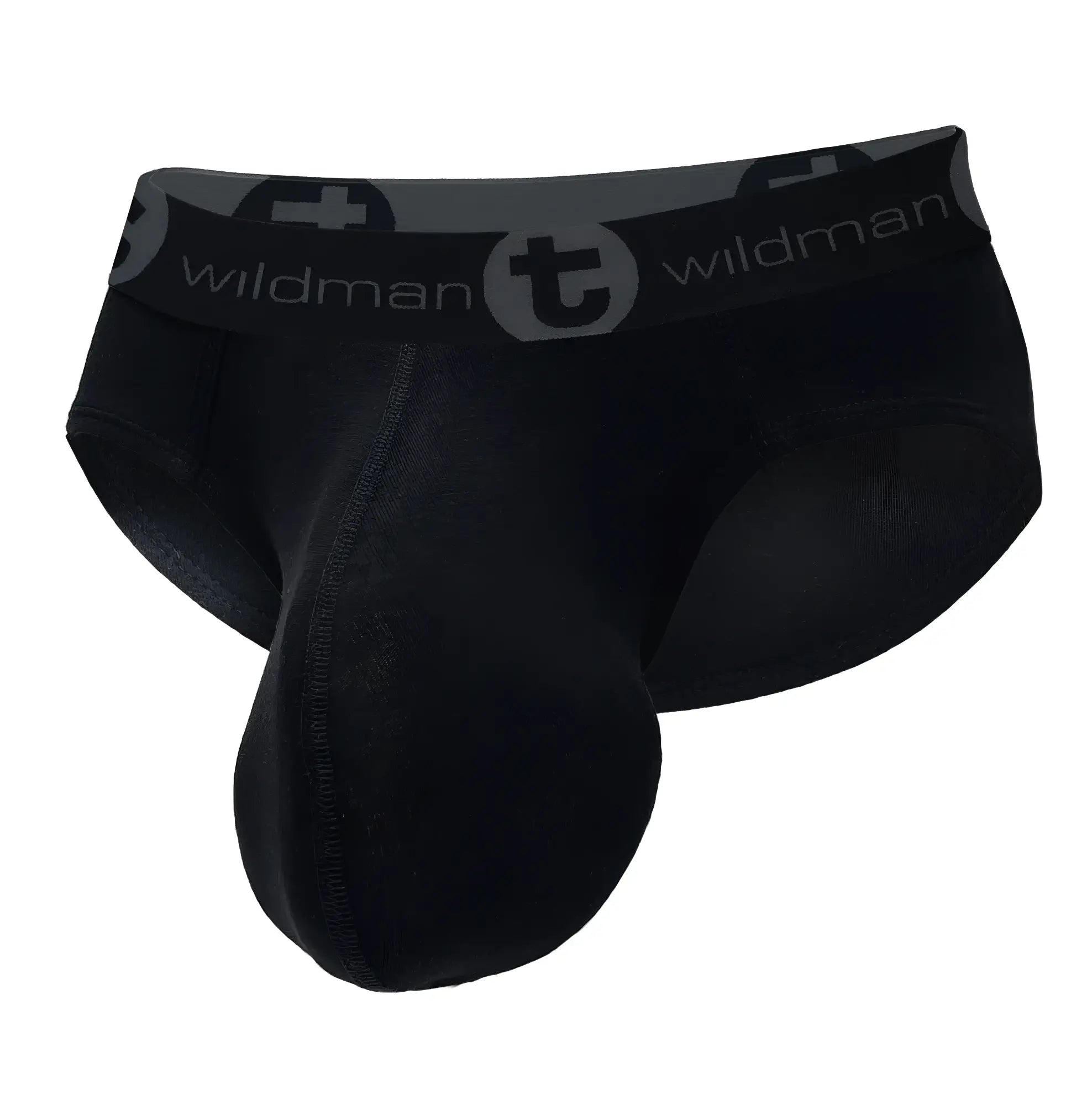 Black cotton briefs with a contoured pouch and a branded elastic waistband reading "WildmanT".
