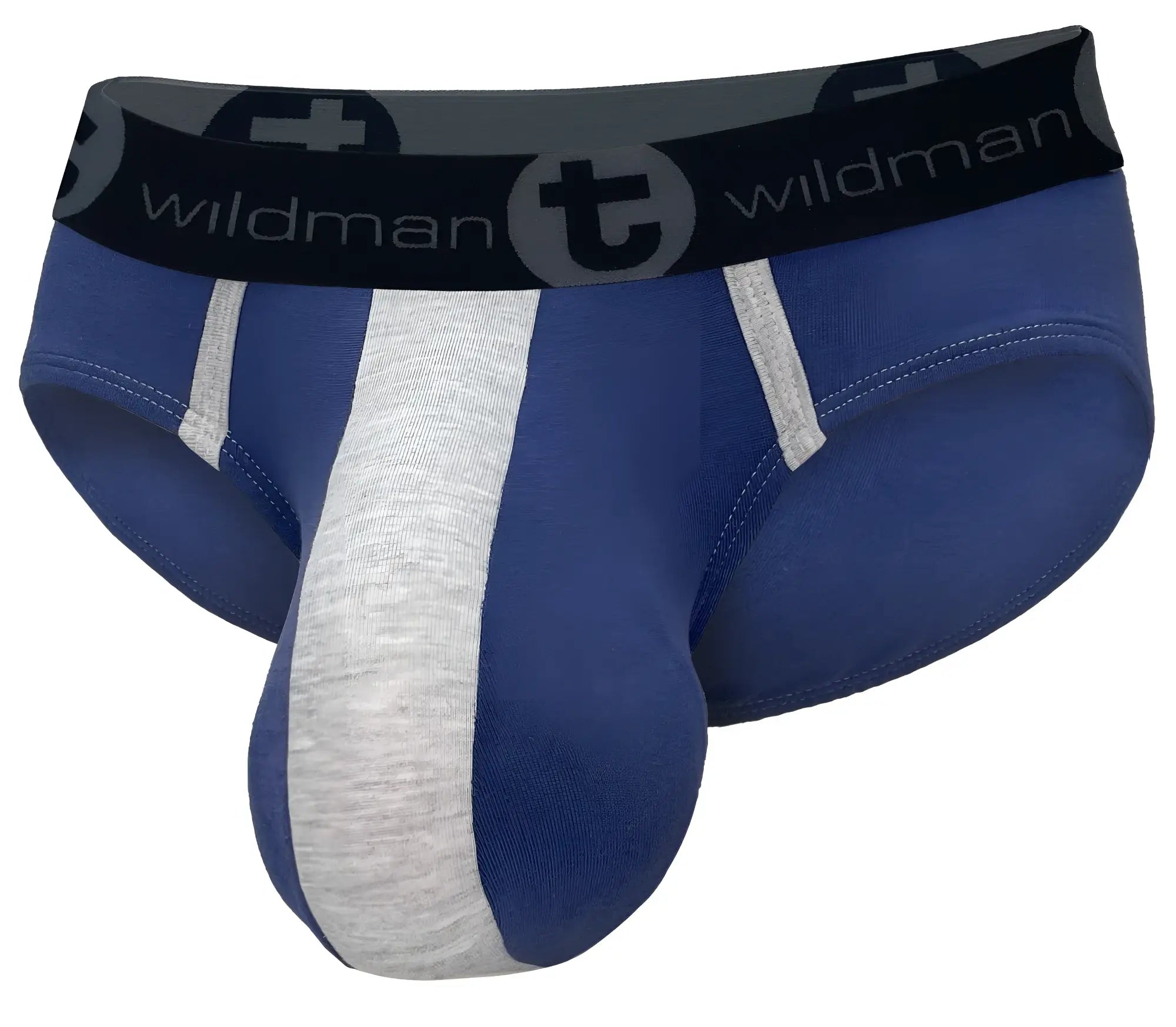 Dark blue and gray cotton brief with a contrast front pouch and black WildmanT branded elastic waistband.