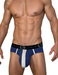 WildmanT dark blue and gray cotton brief with a contrast front stripe and black branded elastic waistband.
