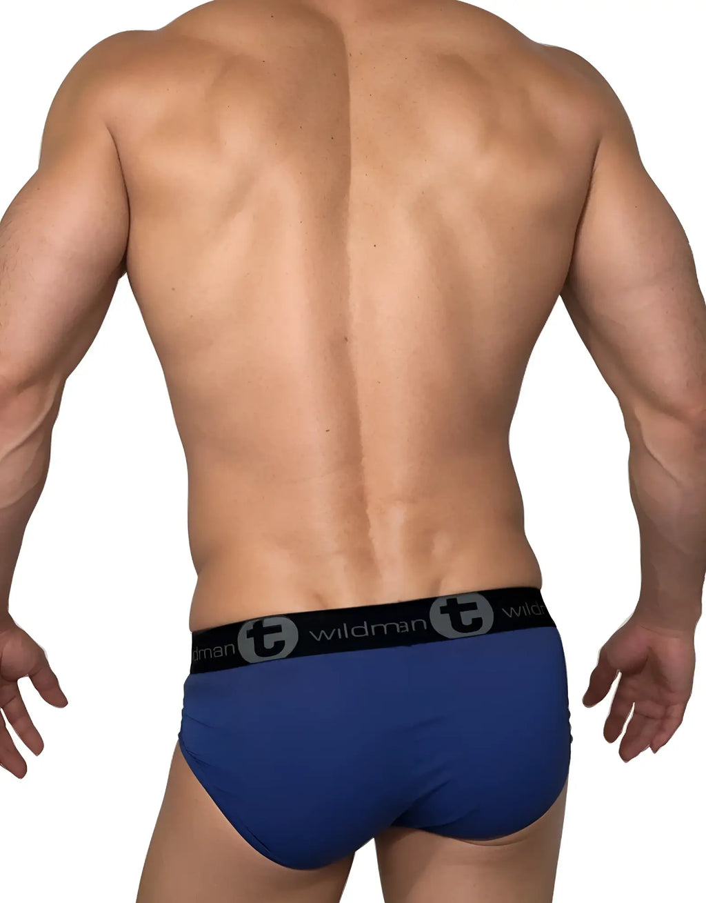 Rear view of a muscular man wearing blue WildmanT briefs with a black branded waistband featuring the "t" logo.