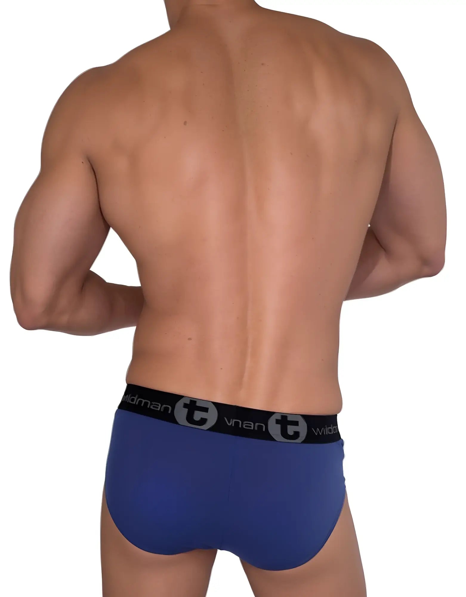 Back view of a muscular man wearing dark blue WildmanT cotton briefs with a black branded waistband.