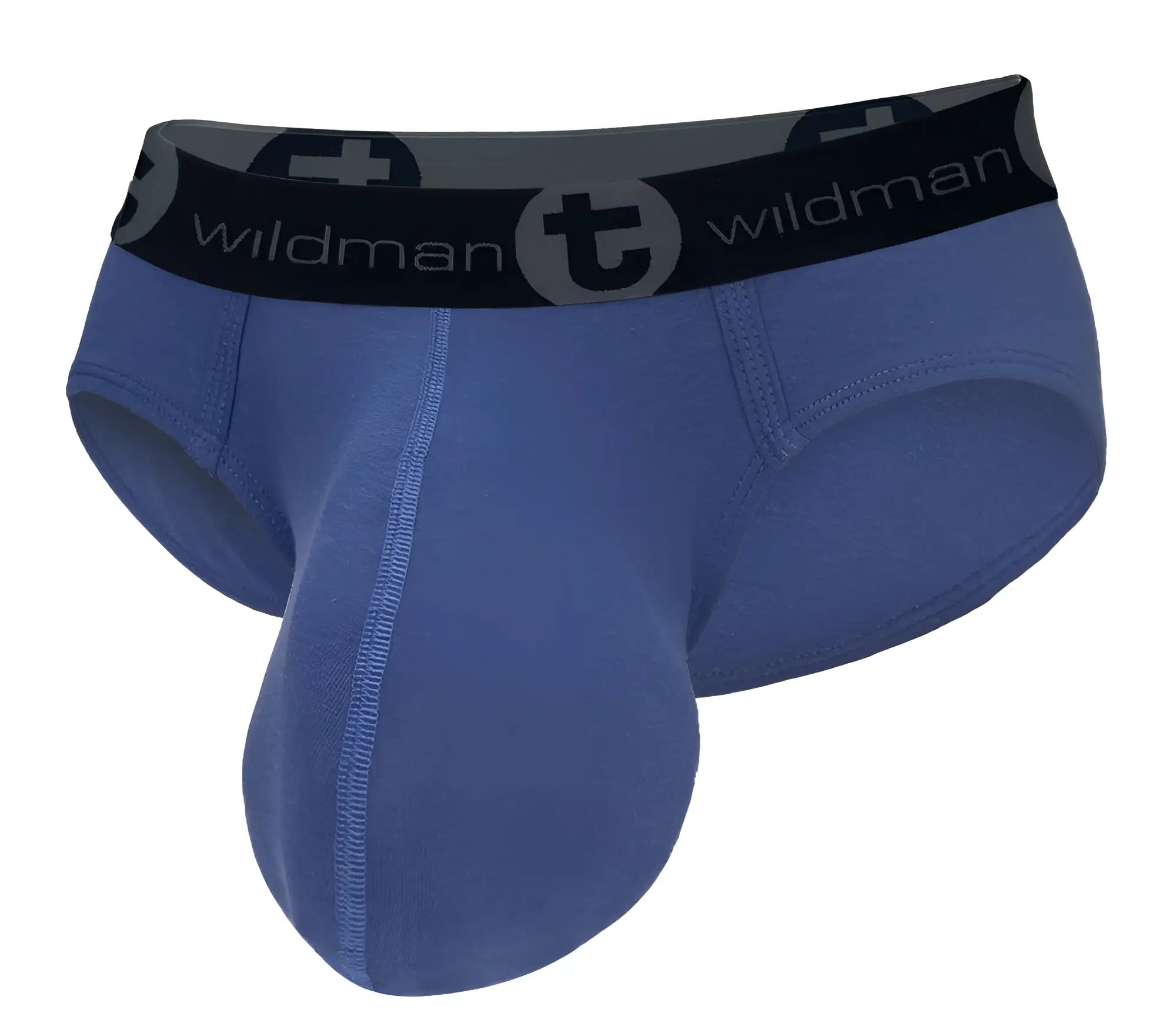 Dark blue WildmanT cotton brief with a contoured pouch and black branded elastic waistband.