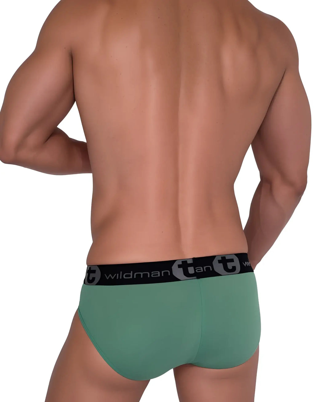Green WildmanT cotton brief with a black branded elastic waistband viewed from the back on a muscular model.