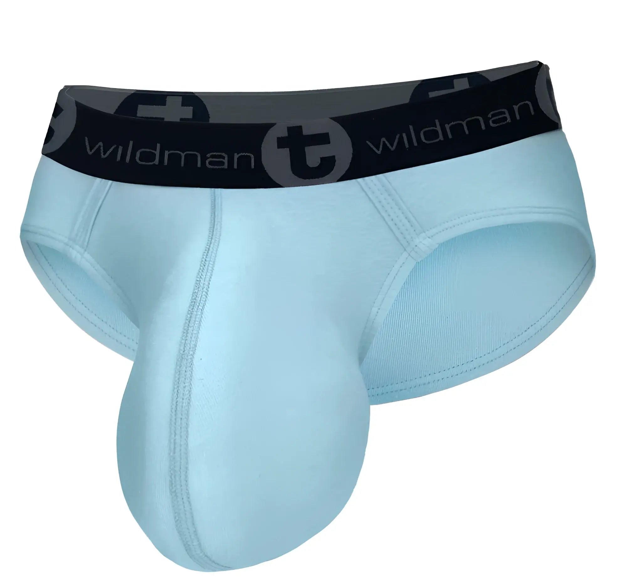 Light blue cotton briefs with a contoured pouch and black elastic waistband featuring the WildmanT logo.