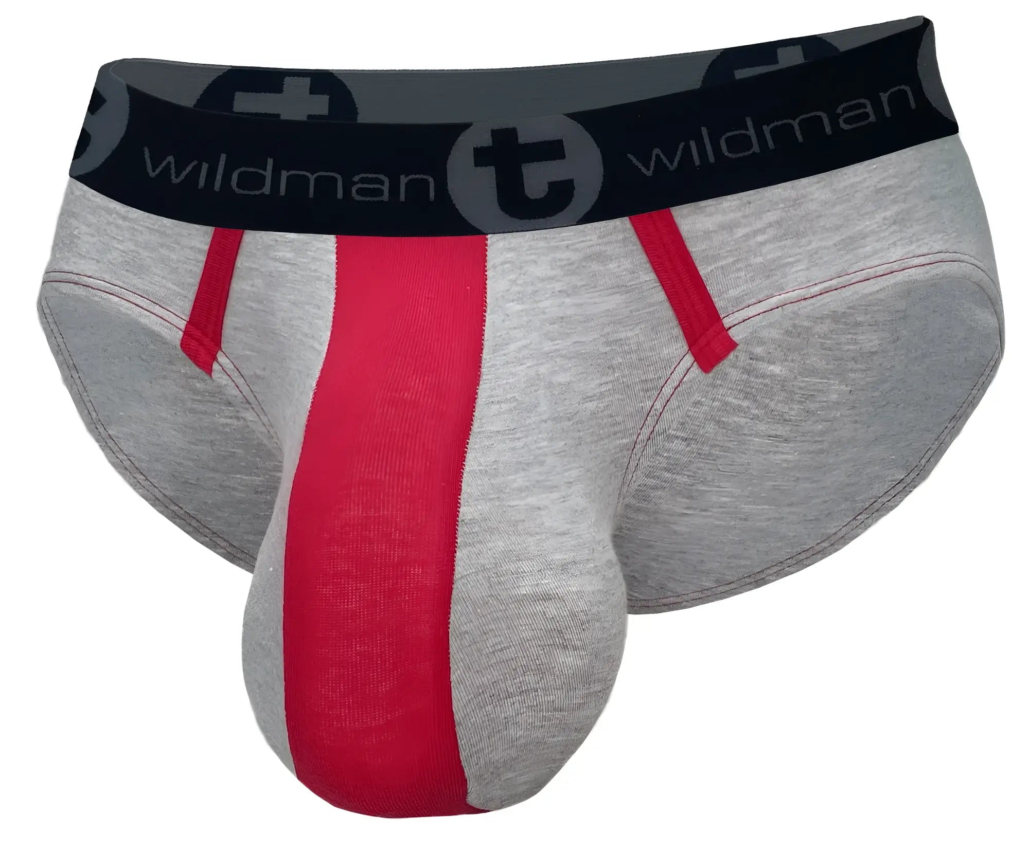 WildmanT grey cotton brief with a red center panel, red accents, and a black waistband with Wildman branding.